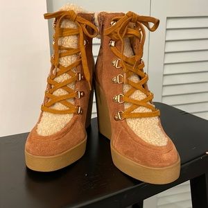 Jessica Simpson Maelyn lace up women wedge hiker boot chestnut brown sue…